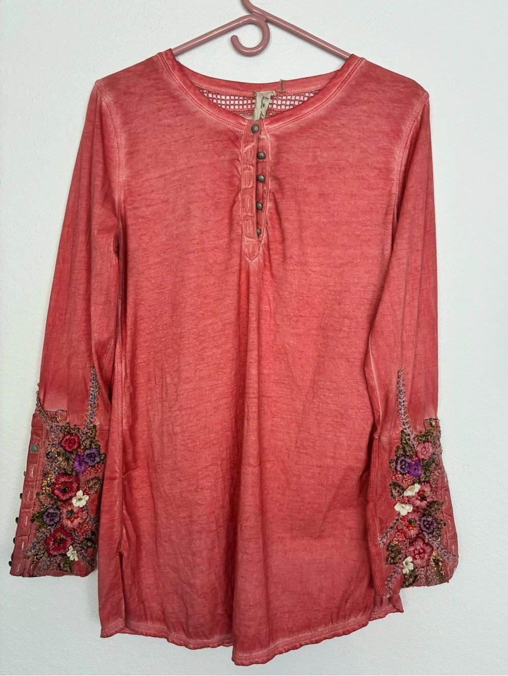 Aratta Silent Journey Embroidered & Beaded Sleeve Henley Top